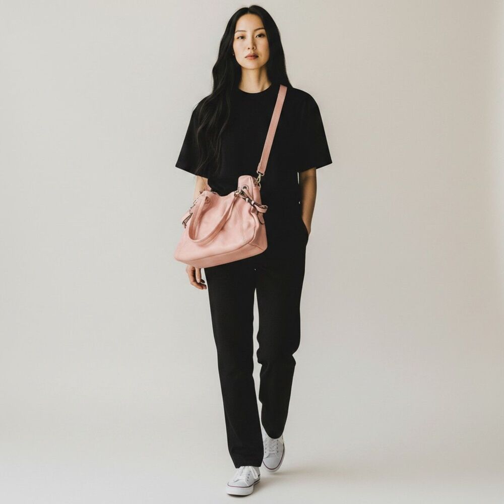 Miss Unique Blush Pink Slouchy Satchel Handbag - Gold Buckle Accents